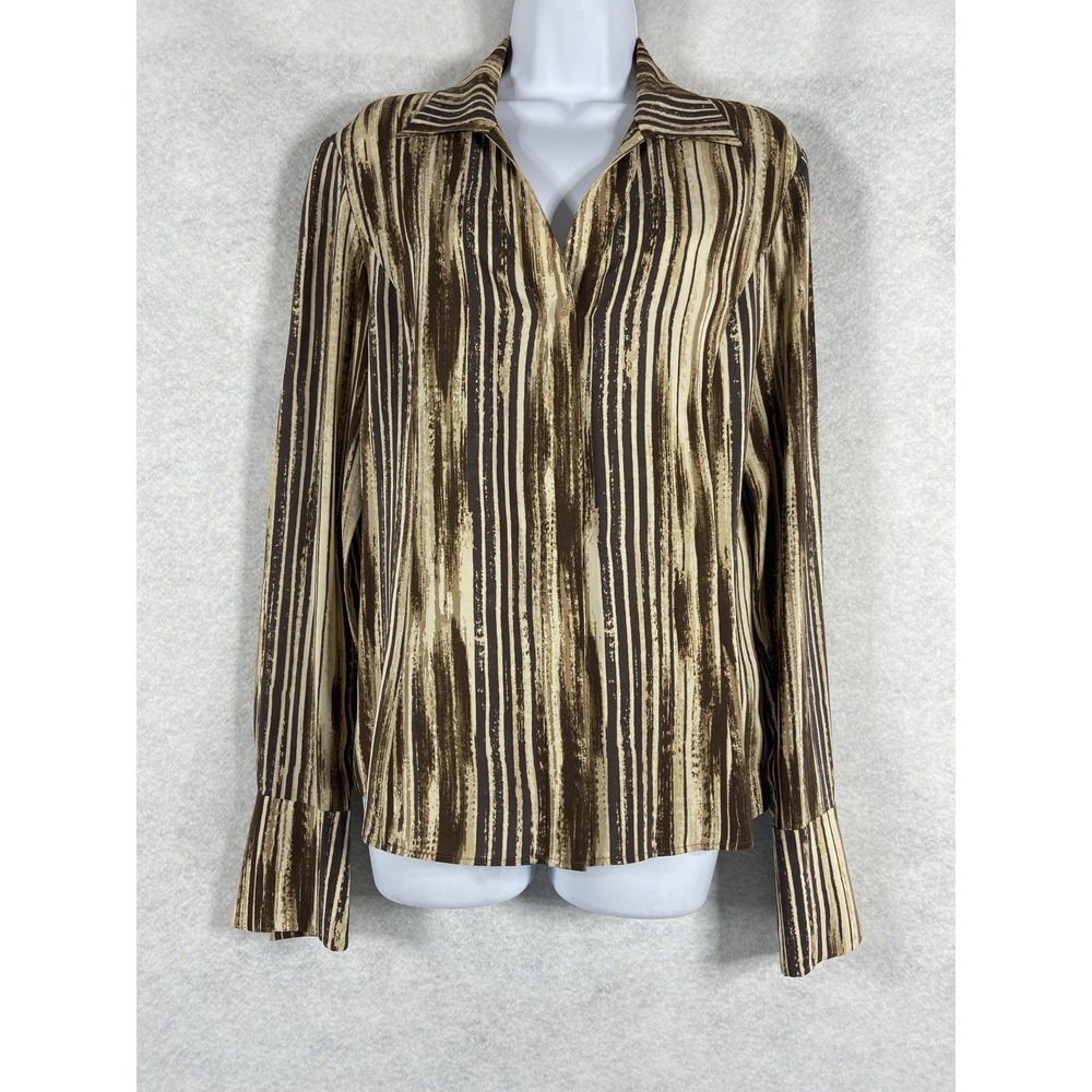 Lafayette 148 New York Top Women's 8 Brown Blouse Long Sleeve 100% Silk Striped